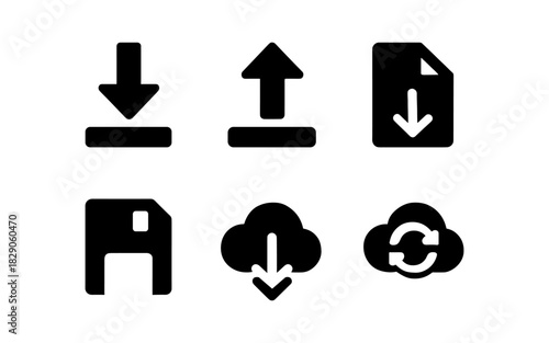 Download and upload icon set in minimalist black silhouette style with cloud and document symbols