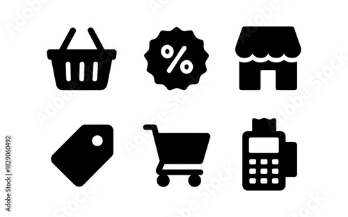 Essential shopping icons set with basket, cart, and tag designs