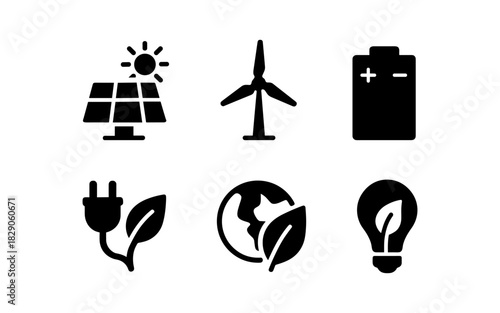 Renewable energy icons collection: solar, wind, battery, eco power, globe, light bulb