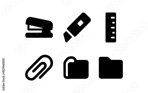 Silhouette office tools icons set: stapler, cutter, ruler, paperclip, file, folder