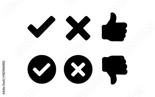 Simple icon set featuring checkmarks, crosses, and thumbs for easy user interface design