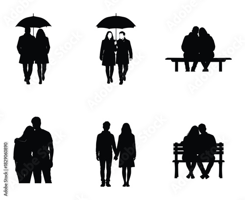Silhouetted couples romantic moments in the rain and togetherness on benches