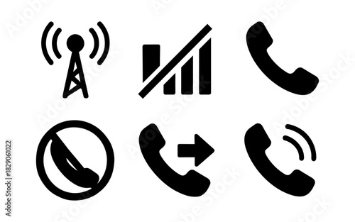 Communication icons set: signal, call, do not disturb, incoming call symbols in black