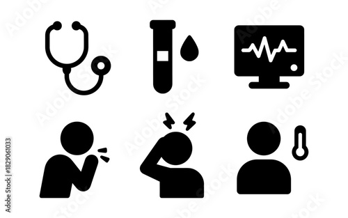 Medical icons: stethoscope, test tube, heart monitor, coughing, headache, fever