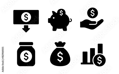 Minimalist money and finance icons set: savings, investment, and growth symbols