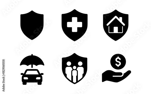 Essential insurance icons: health, home, auto, family, finance concepts in black and white
