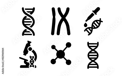 Genetic science icons: dna helix, chromosome, microscope, molecular structure, pipette