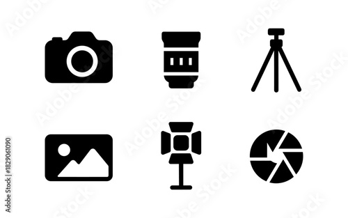 Photography icons set: silhouette camera, tripod, lens, and lighting equipment