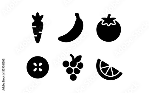 Minimalist fruit and vegetable icons: carrot, banana, tomato, grape, lime