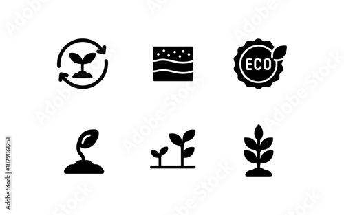 Eco-friendly seedling icons: nature, growth, recycle, and soil badges