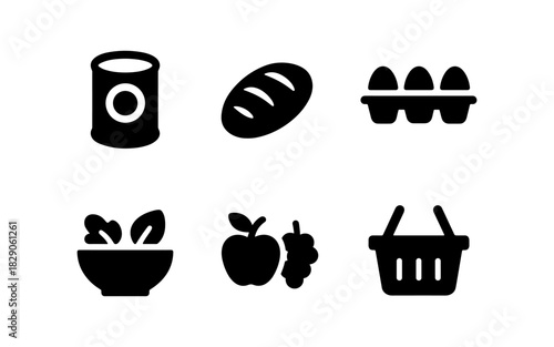 Essential food icons: canned goods, bread, eggs, salad, fruit, and basket