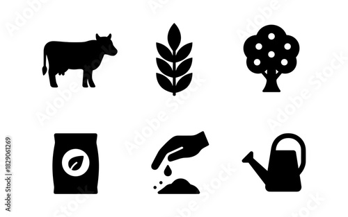 Agriculture icons: farm animal, wheat, tree, fertilizer, planting, watering can silhouettes