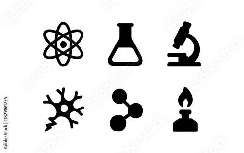 Science icon set: atomic, flask, microscope, neuron, molecular, burner