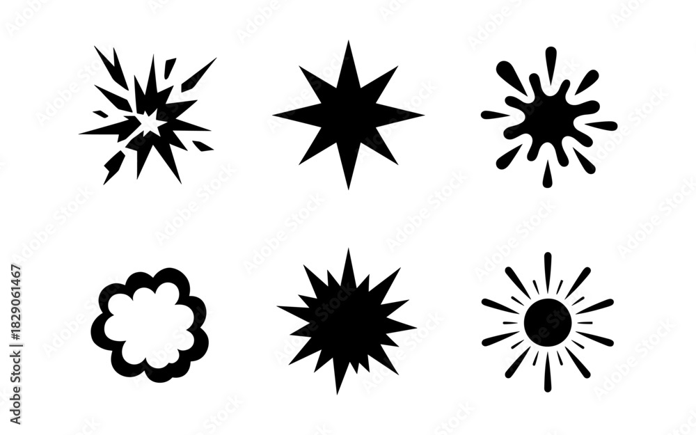 Obraz premium Set of six black comic style burst and explosion icons