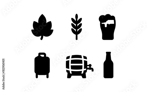 Craft brewing icons featuring beer barrel, glass, and ingredients in bold silhouette style