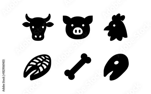 Animal icons: farm and meat silhouette set for food and agriculture design