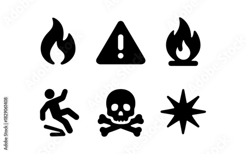Safety hazard icons: simple black alert symbols for fire, warning, and danger