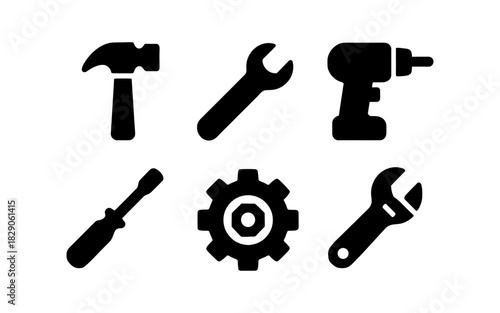 Silhouette tools set: hammer, wrench, drill, screwdriver, gear icons