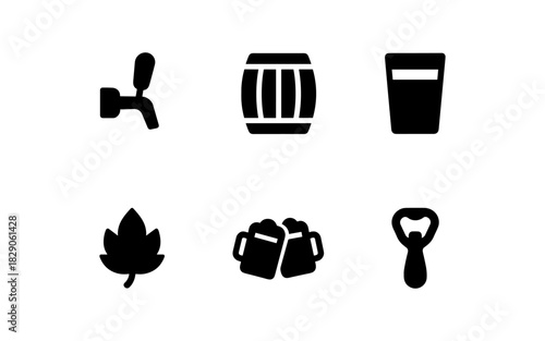 Beer icons set: flat brewery symbols including tap, barrel, leaf, and beer glass
