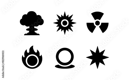 Silhouette icons of explosion, radiation, fire, and other hazard symbols