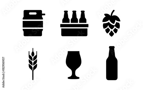 Craft beer icons: keg, bottles, hops, barley, glass, bottle silhouettes