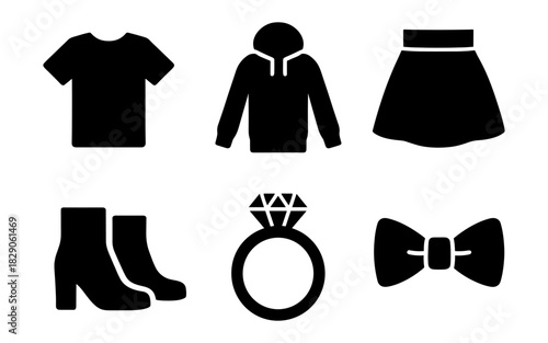 Fashion silhouette icons: t-shirt, hoodie, skirt, boots, ring, bow tie