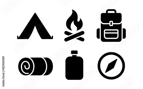 Minimalist camping icons set featuring tent, campfire, backpack, and more