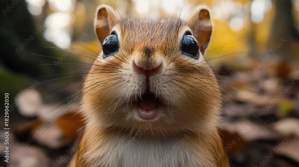 Obraz premium Detailed close-up shot of a squirrel's face, capturing its expression with open mouth, prominent teeth, and focused eyes. Perfect for wildlife, nature, or animal photography.