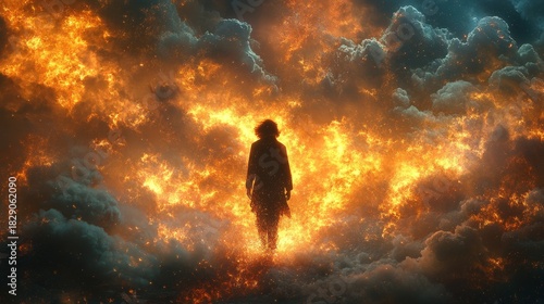 Wallpaper Mural A solitary individual stands within a dramatic, fiery cloudscape, representing the captivating and perilous power of nature's elements. Torontodigital.ca