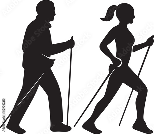 Man and woman nordic walking with poles, active exercise vector