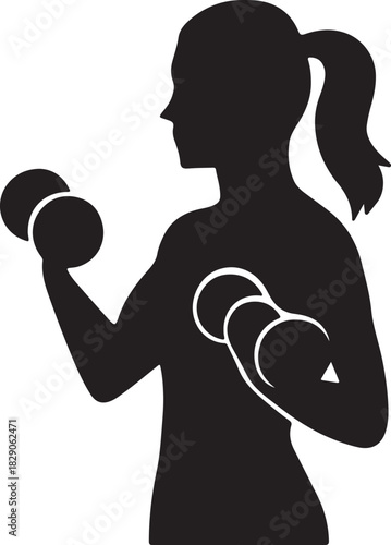 Active woman silhouette training with dumbbell and boxing gloves