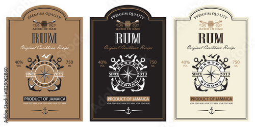 collection of rum labels with anchor and yacht helm in retro style