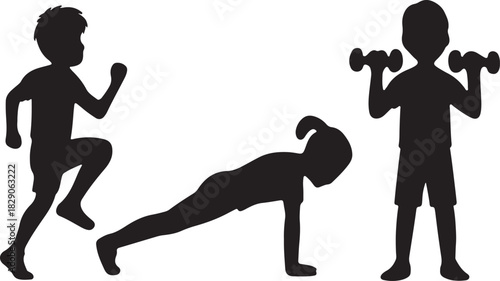 Young children engaging in various fitness activities silhouette