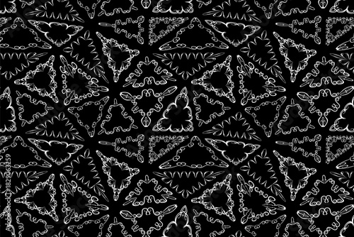 Seamless pattern of white,  elements repeats across a stark black background