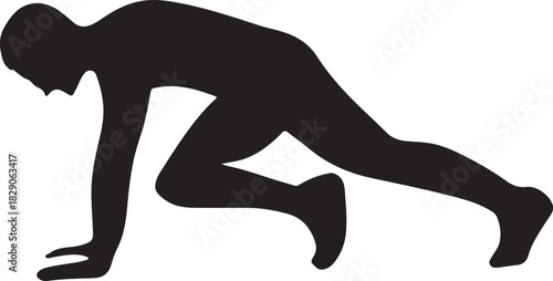 Athlete in starting block position silhouette on white background