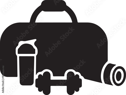 Fitness gym bag with dumbbell, shaker bottle, and yoga mat icon.