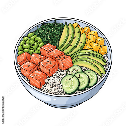 A vibrant and healthy Hawaiian poke bowl with fresh salmon, avocado, edamame, and vegetables on a bed of rice.