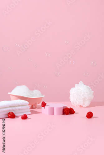 Skincare product showcase stand photography for online marketing include bathtub on pink background