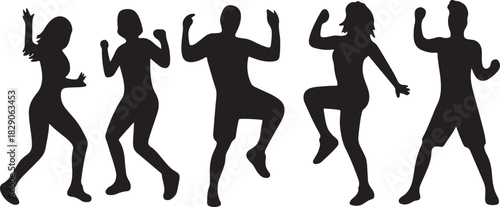 Energetic group of five people dancing with dynamic poses