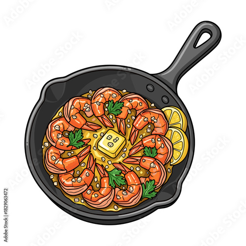 A delicious dish of garlic butter shrimp scampi served in a black cast iron skillet with lemon and parsley.