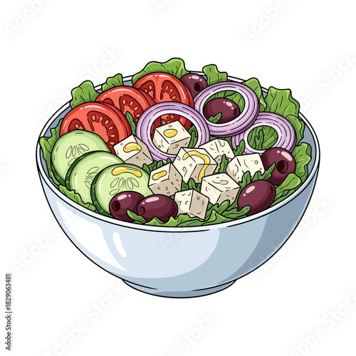 A vibrant cartoon illustration of a classic Greek salad in a white bowl, featuring feta cheese, tomatoes, cucumbers, red onions, and olives.