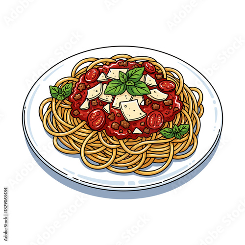 A cartoon illustration of a plate of spaghetti bolognese topped with parmesan cheese, cherry tomatoes, and fresh basil leaves.