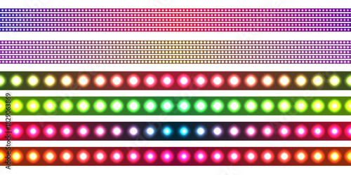 Collection of LED light strips in various colors and arrangements, including lines of small dots and larger, glowing orbs, against a vector transparent background.
