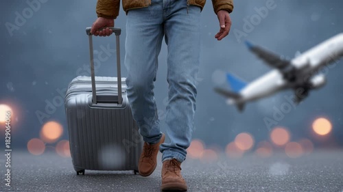 traveler walking with suitcase near runway at dusk, rolling luggage pulled by solo passenger while plane lifts into blurred sky, soft bokeh lights and wet