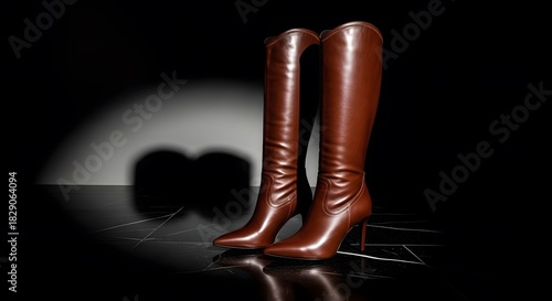 Pair of brown leather knee high stiletto heel boots on a black marble surface under a spotlight
