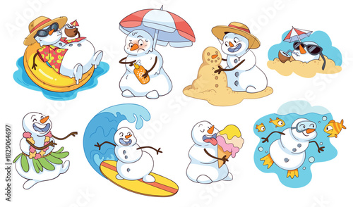 Cute summer snowmen relaxing on the beach: one floating in a ring, one applying sunscreen, one building a sand snowman, others surfing, swimming, dancing hula, eating ice cream and sunbathing