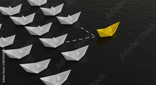 Yellow paper boat leads white paper boats across dark water yellow boat white boats