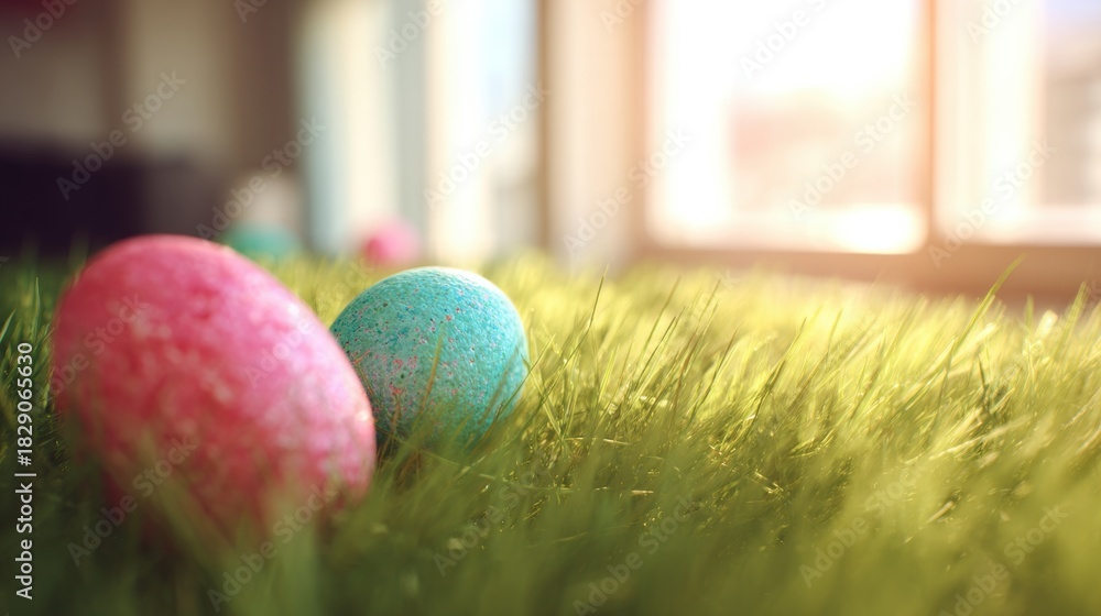 Fototapeta premium Colorful Easter eggs hidden in fresh grass during a sunny afternoon