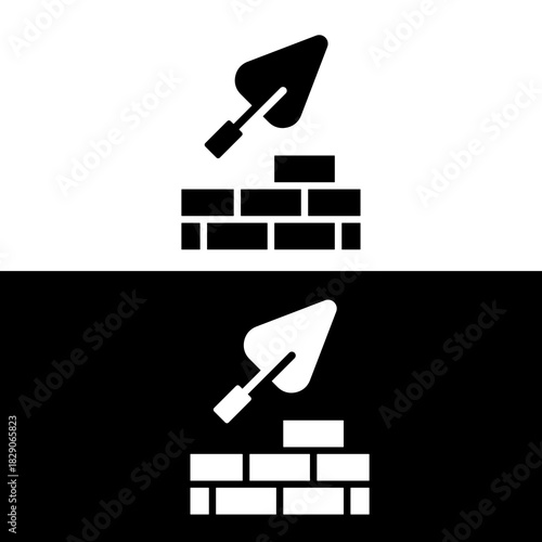 Masonry Work Icon Trowel and Brick Wall Building Symbol.