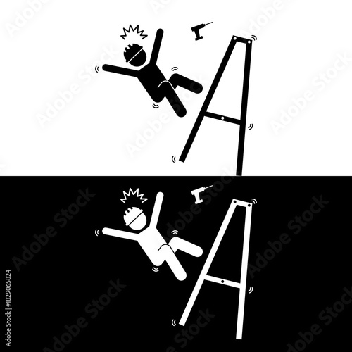 Occupational Safety and Health (OSH) Icon Worker Falling from Ladder Accident with Power Drill.
